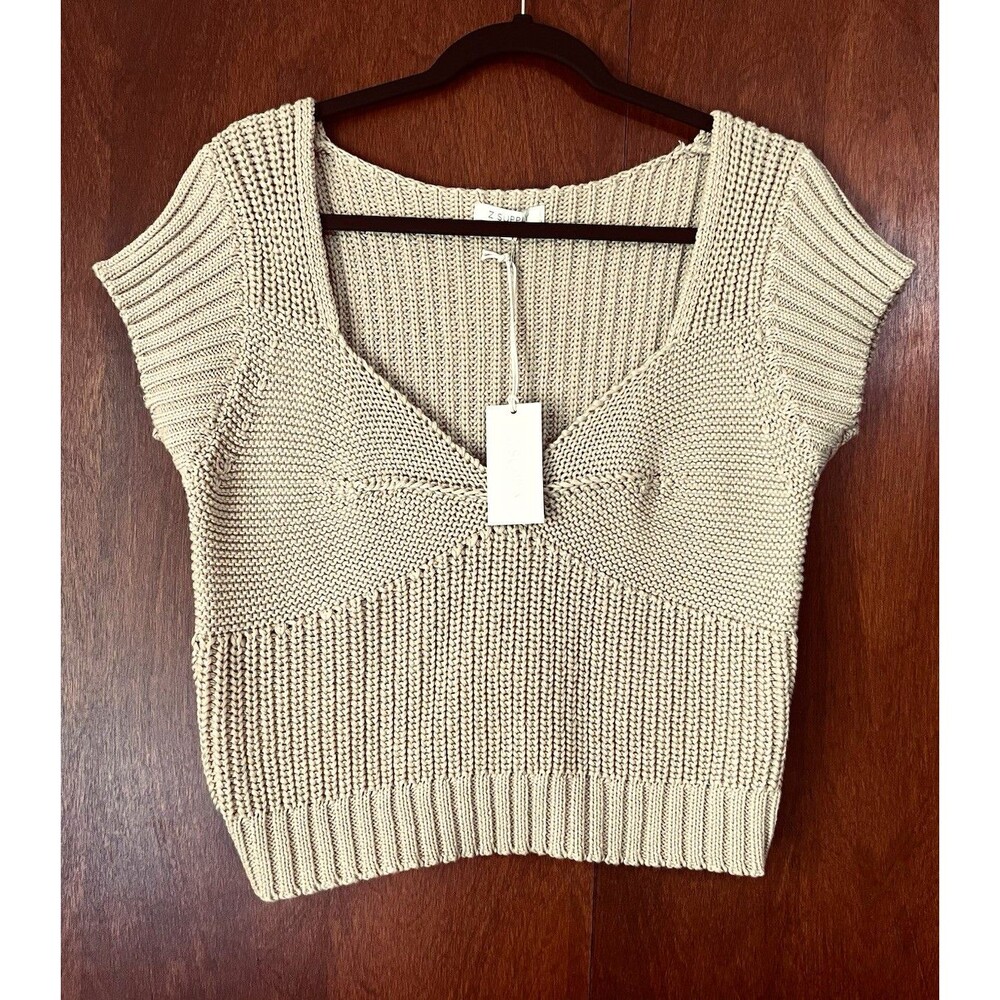Z Supply Prim Cropped Knit Sweater Top Rattan Tan Sweetheart Neckline Fitted L